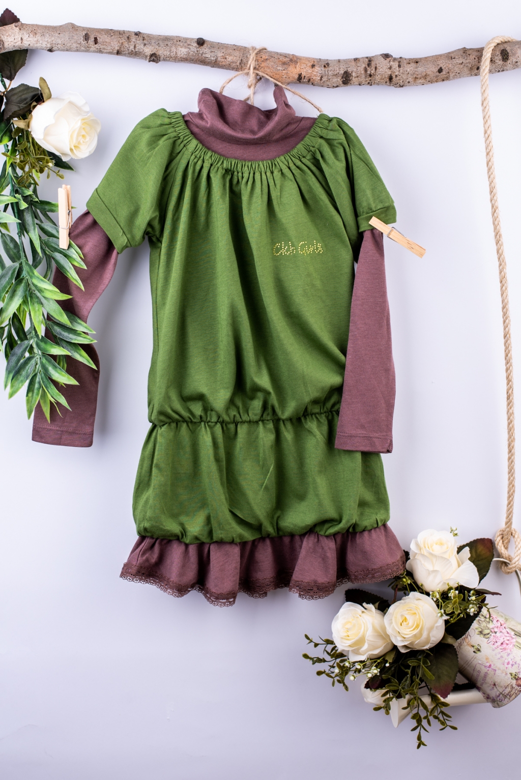 Детска рокля поло дълъг ръкав, зелен цвят