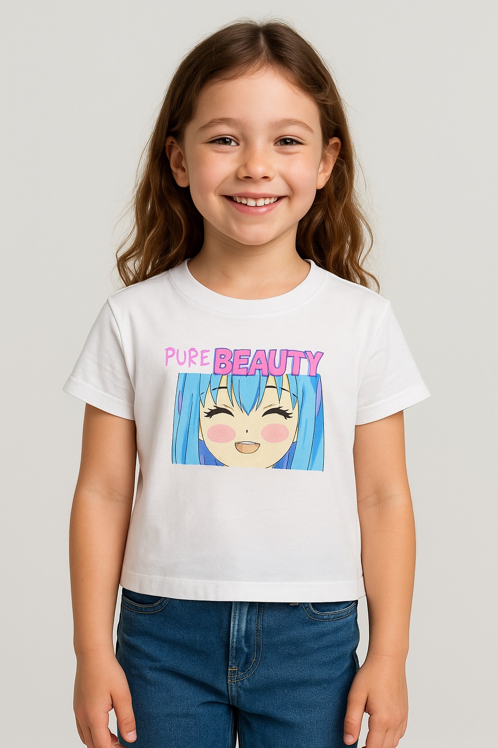 Детска тениска момиче с щампа аниме, бял цвят
