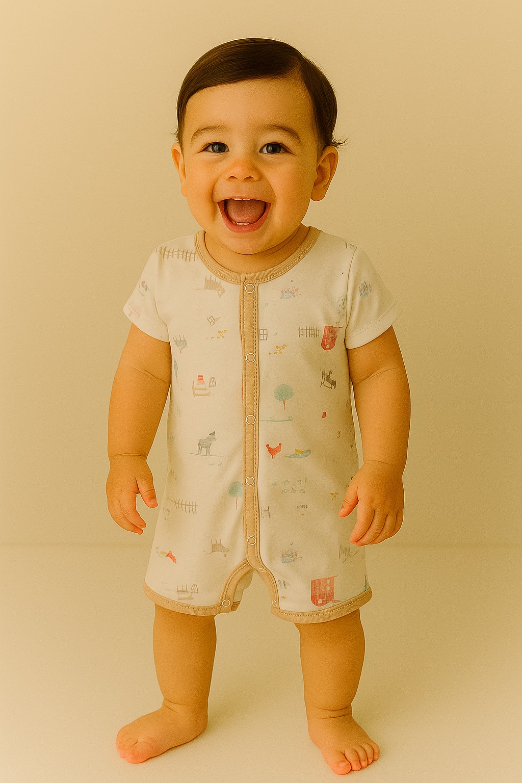 Бебешки гащеризон къс ръкав с животни, бежов цвят