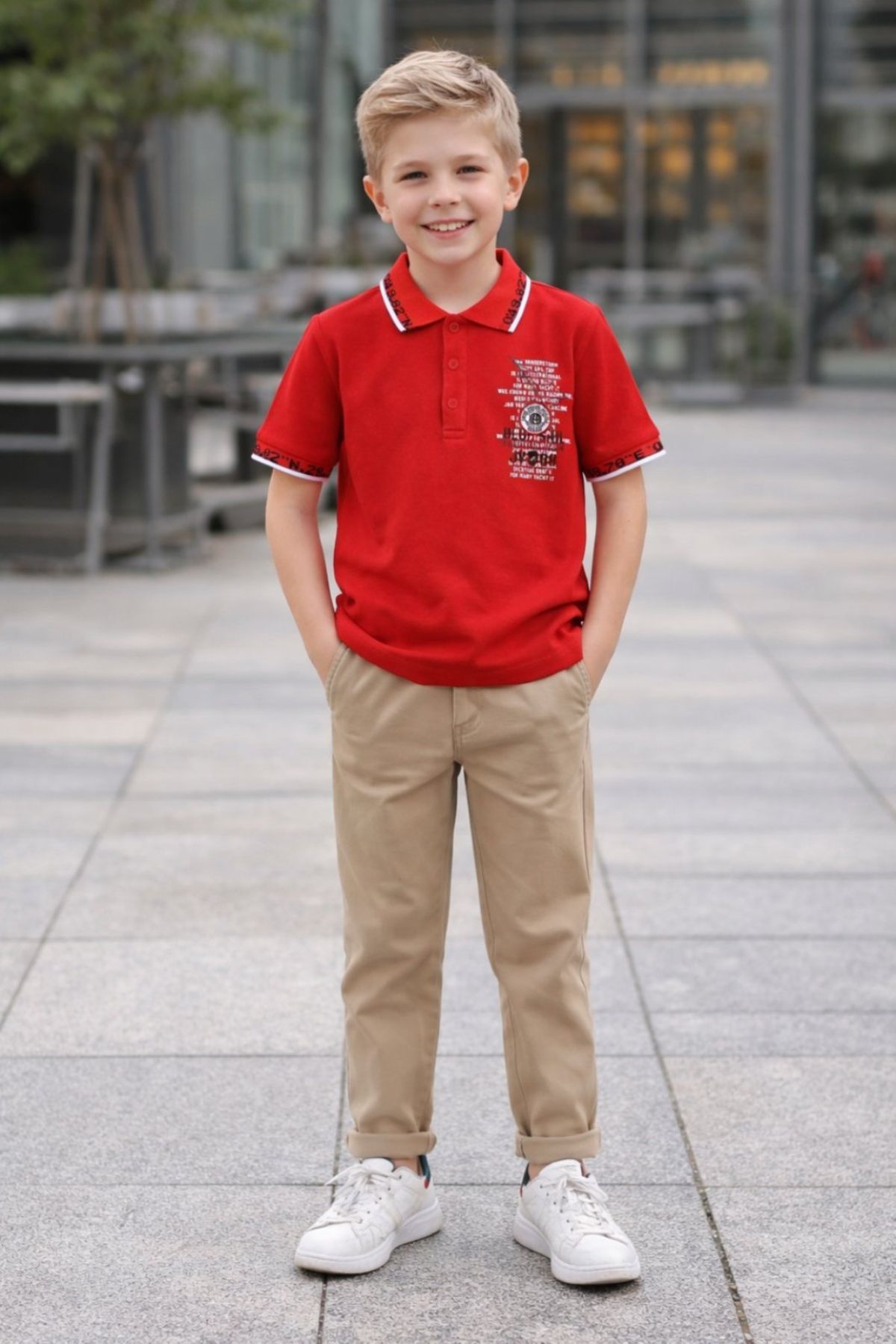 Детска тениска с якичка за момче, червен цвят