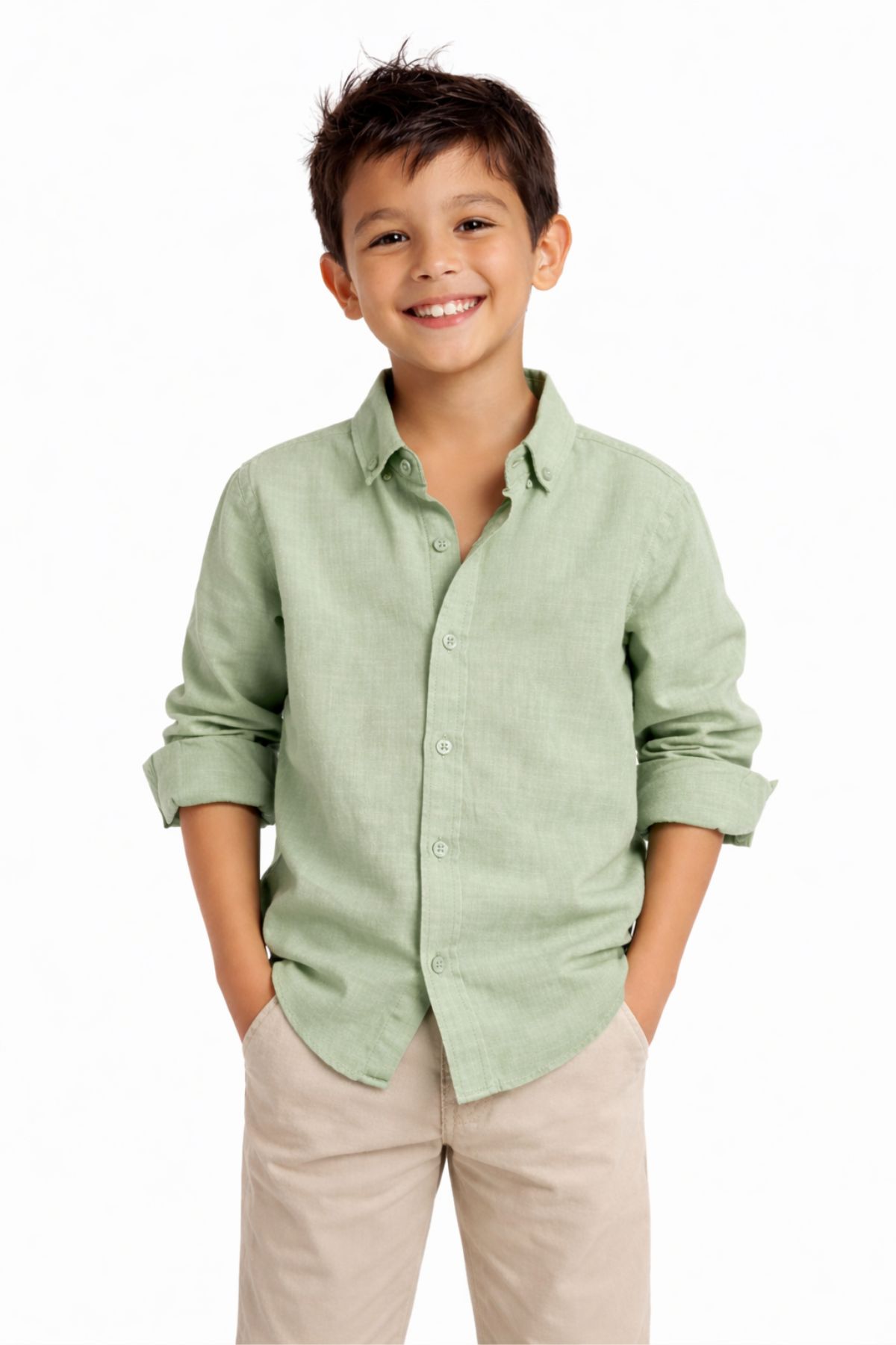 Детска риза за момче с дълъг ръкав, светло зелен цвят