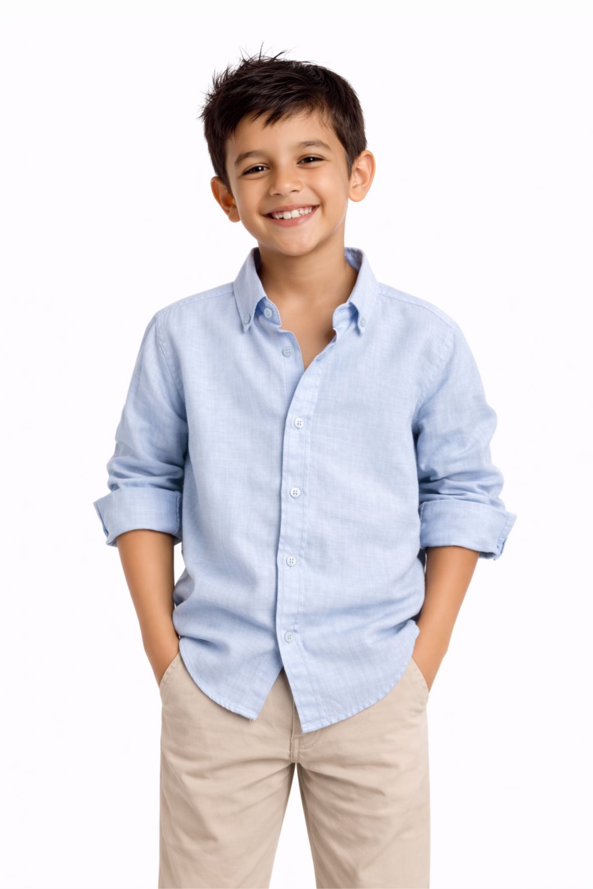 Детска риза за момче с дълъг ръкав, светло син цвят