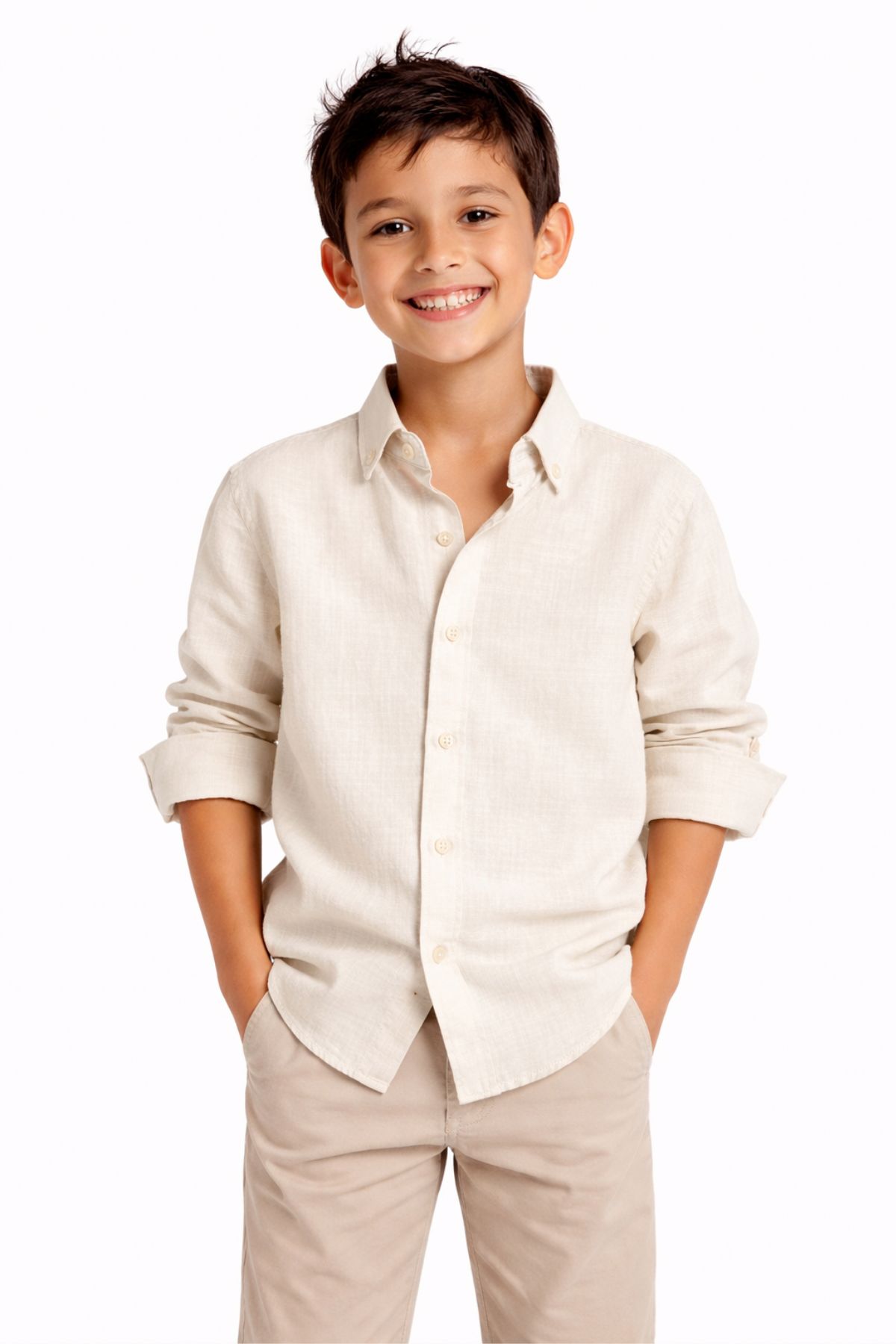 Детска риза за момче с дълъг ръкав, бежов цвят
