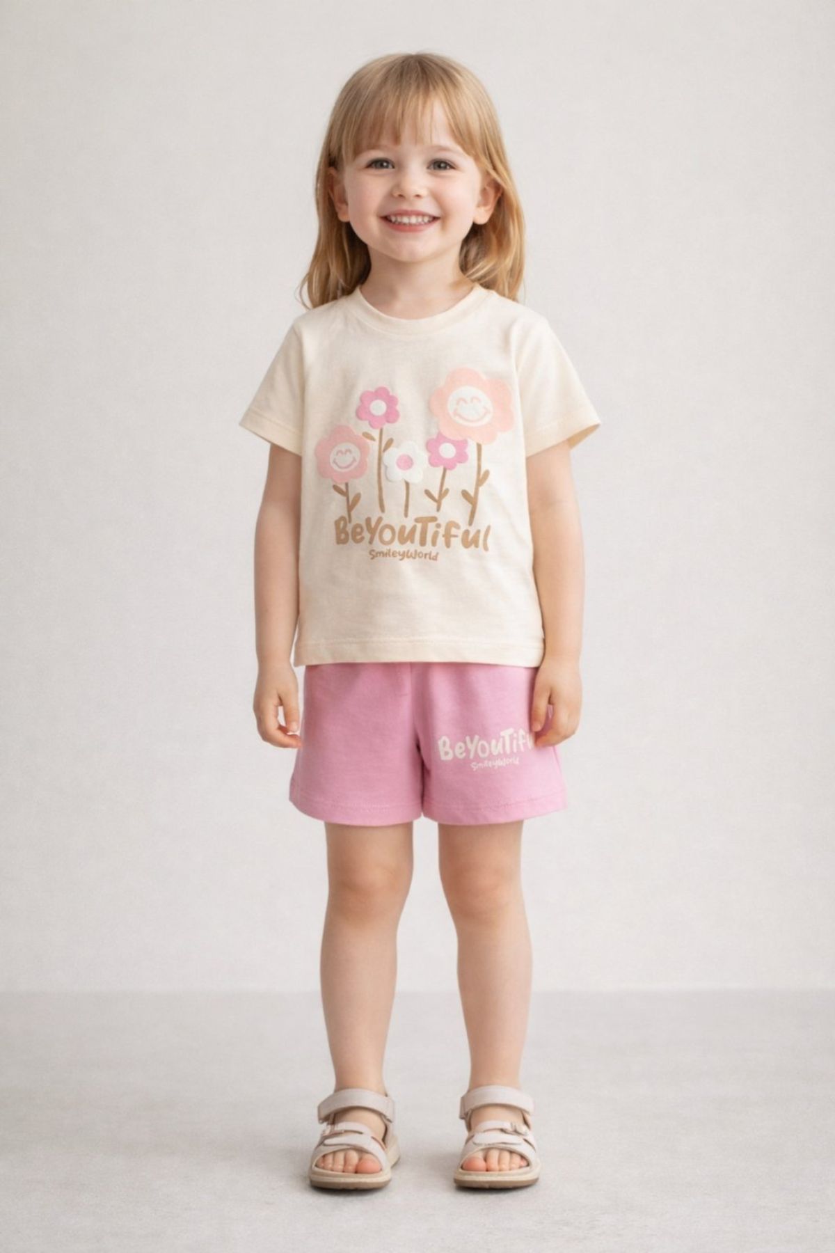 Детски комплект за момиче с къс ръкав, цвят корал