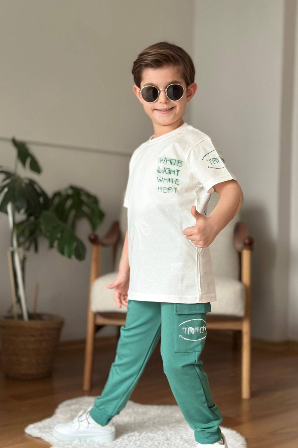 Детски комплект за момче с къс ръкав, зелен цвят