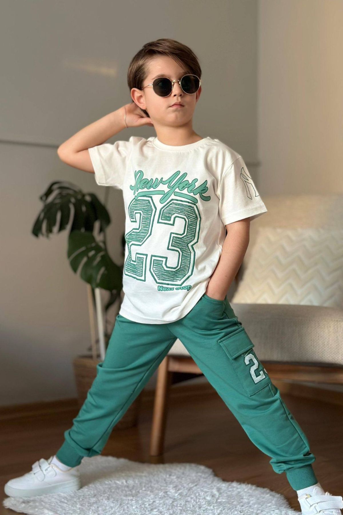 Детски комплект за момче с къс ръкав, зелен цвят