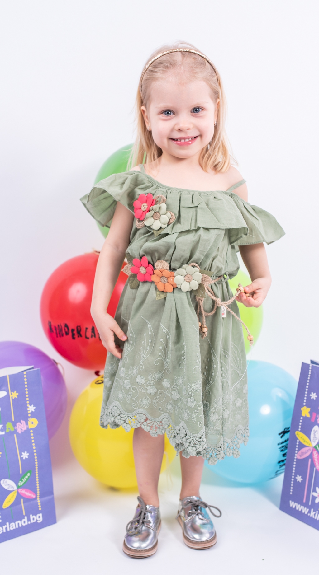Детска рокля къс ръкав, зелен цвят