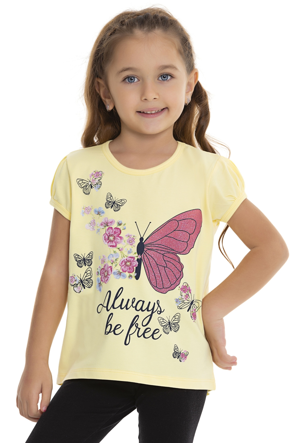 Детска тениска момиче с пеперуди, жълт цвят