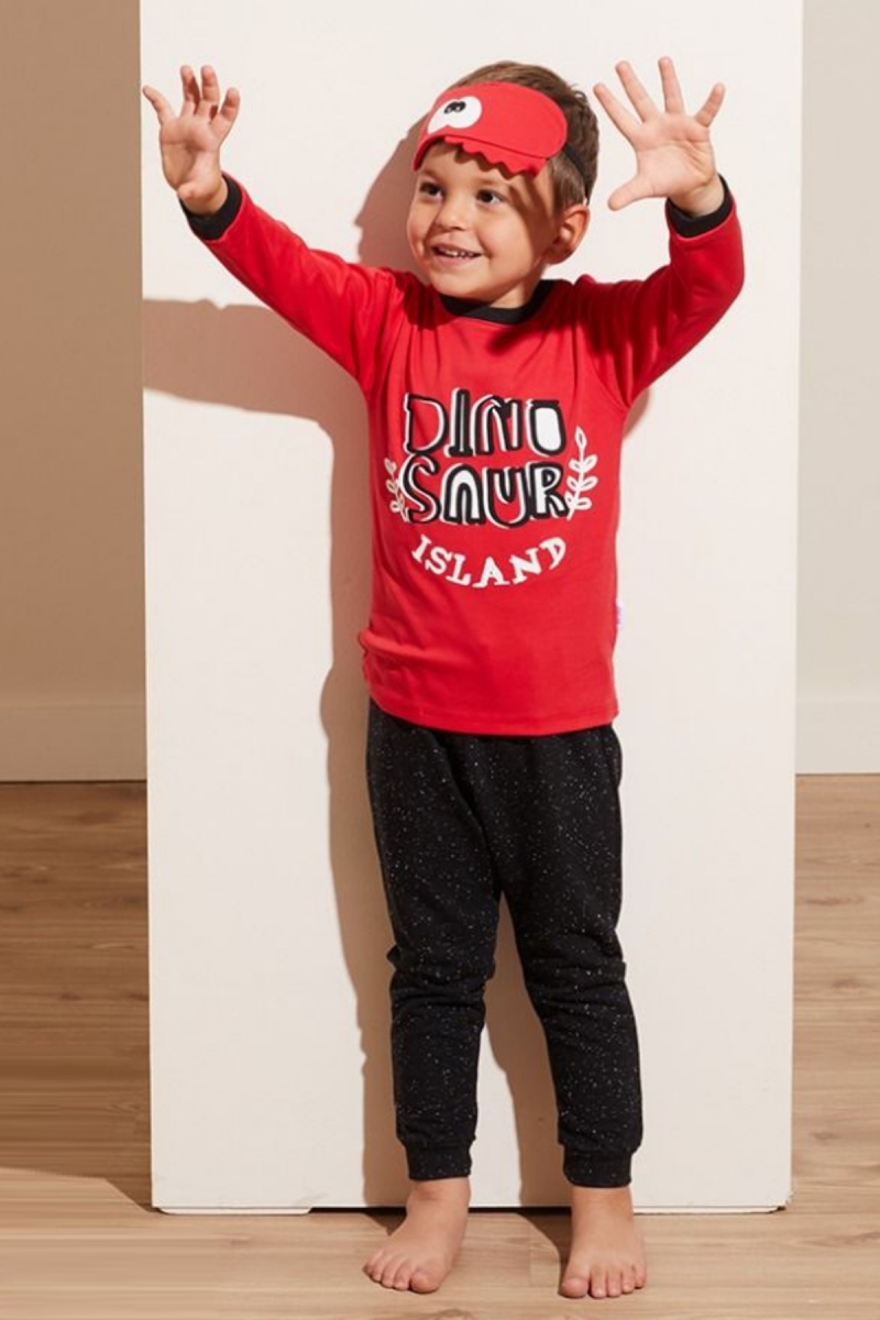 Бебешка пижама момче дълъг ръкав с надпис, червен цвят