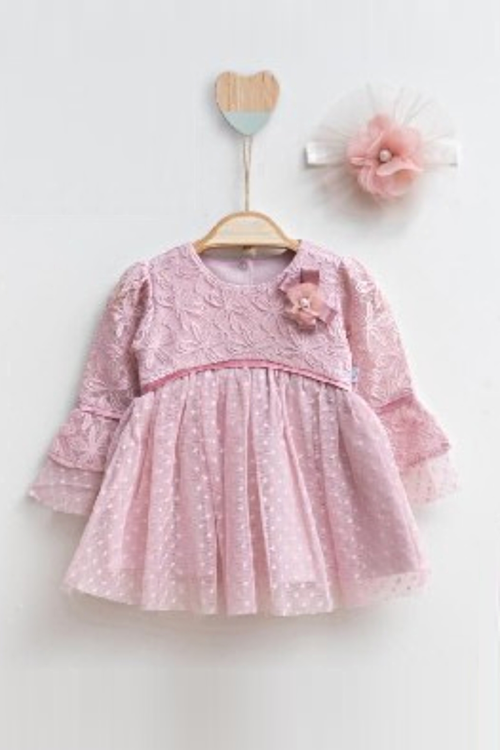 Бебешка рокля с дълъг ръкав с лента, розов цвят